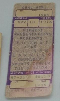 Foghat with Golden Earring concert ticket May 18 1976 Owensboro - Sports Center